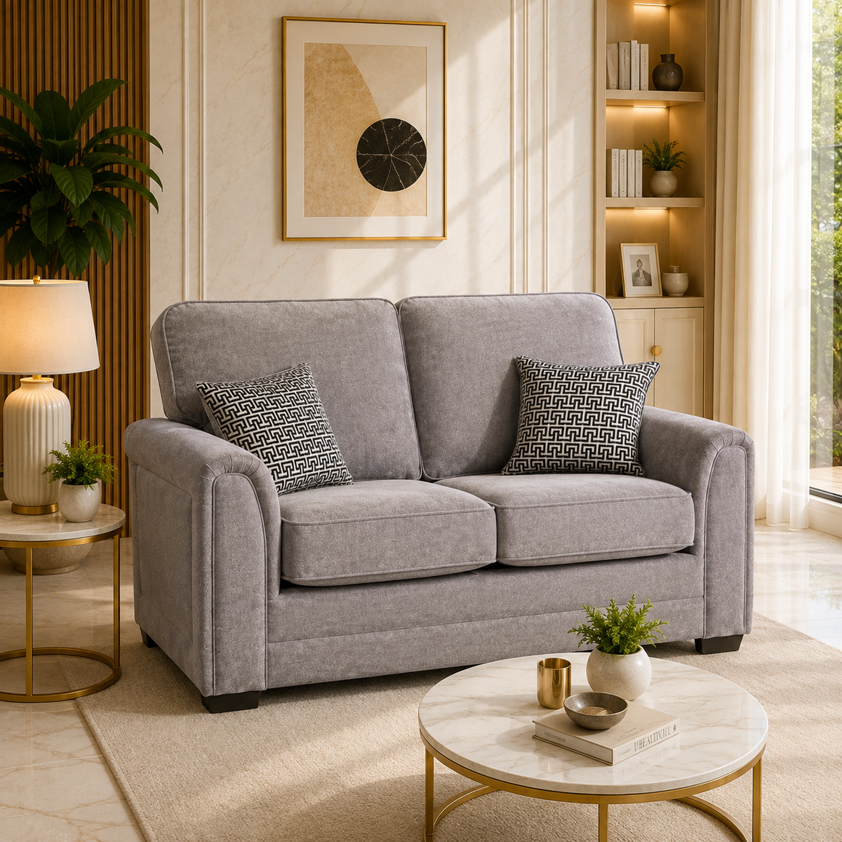 Loveseat with two patterned throw pillows