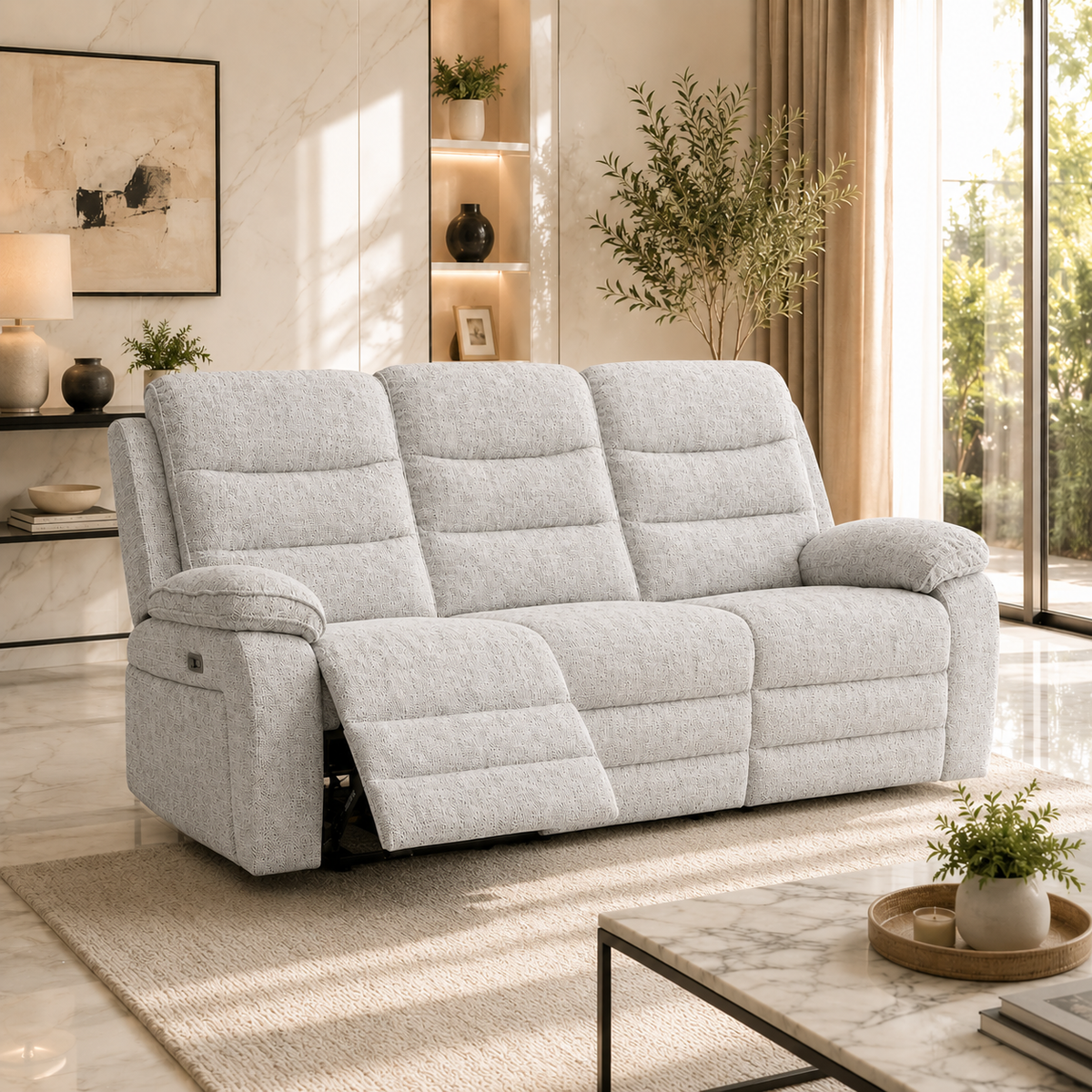 Light gray upholstered reclining loveseat sofa