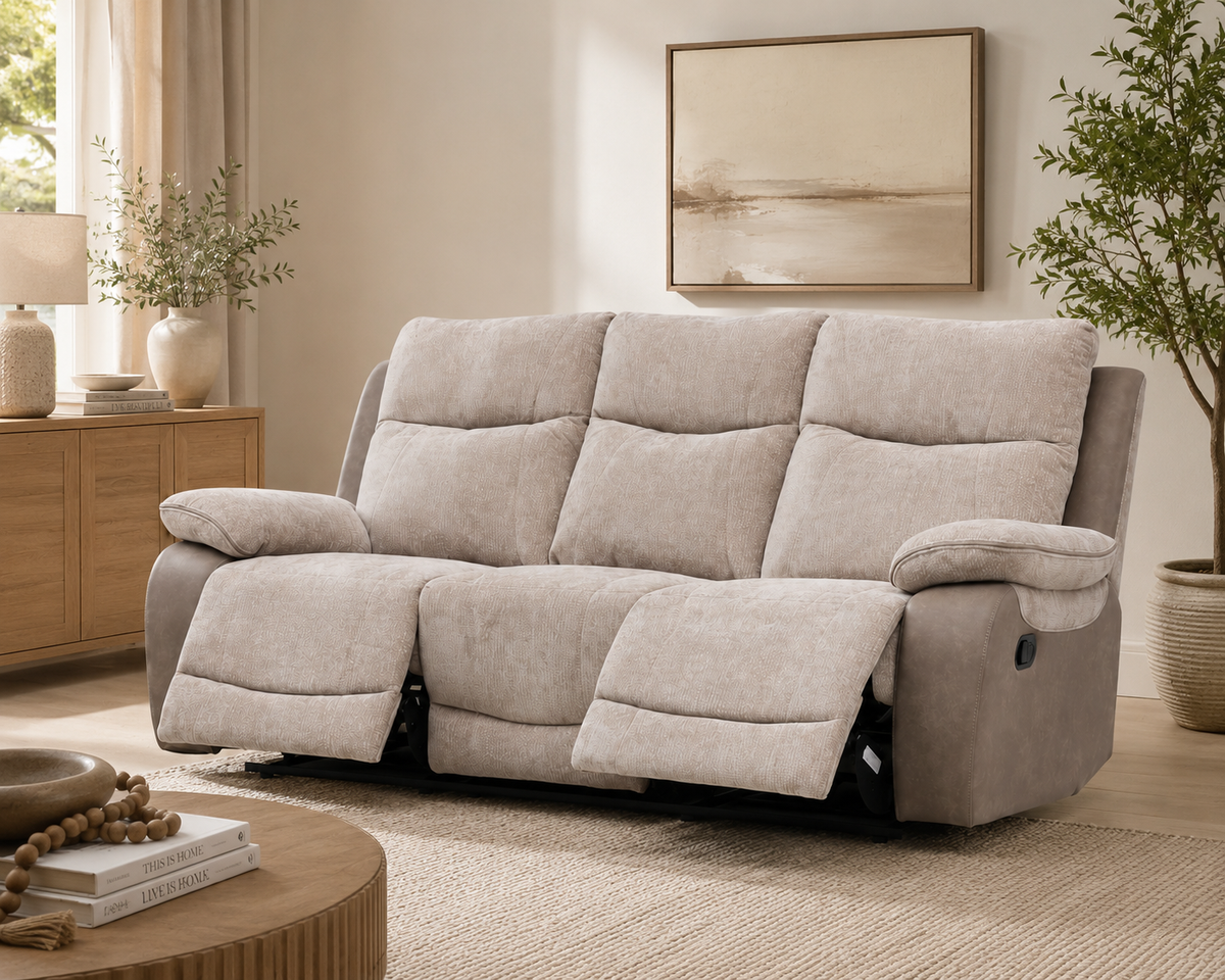 A three-seat reclining loveseat sofa upholstered 