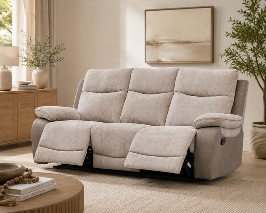 A three-seat reclining loveseat sofa upholstered 