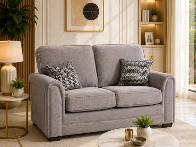  Loveseat with two patterned throw pillows
