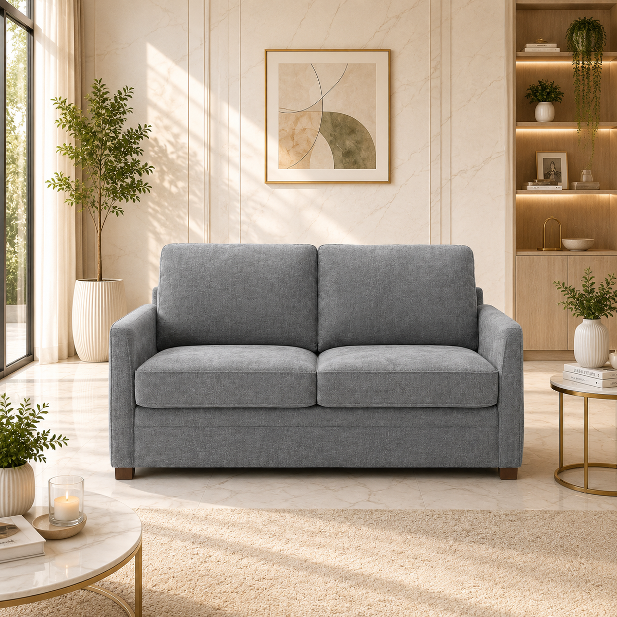 A 2-seat loveseat sofa in textured gray fabric