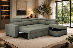  light sage green fabric sectional sofa with a chaise lounge 