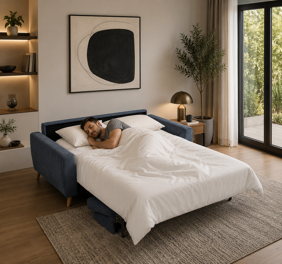Blue upholstered convertible bed  and pillows