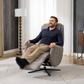 Gray upholstered recliner chair with a black swivel base