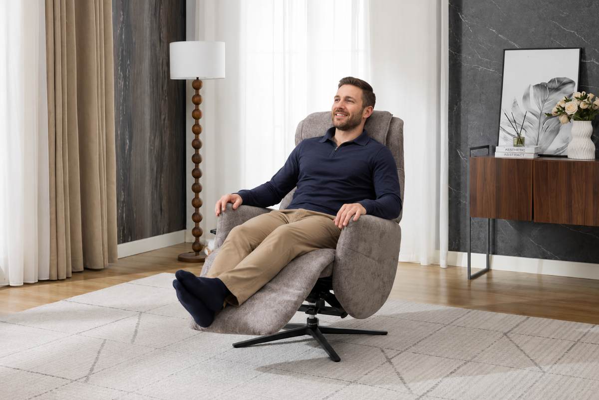 Gray upholstered recliner chair with a black swivel base